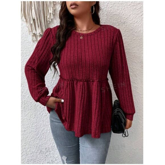 SHEIN Frenchy Plus Rib-knit Peplum Tee, Burgandy, Size 3XL, EUC - Picture 4 of 5
